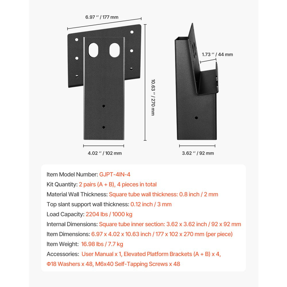 VEVOR Deer Blind Brackets, Outdoor 3.6x3.6 Platform Bracket, Fit 3.5x3.5 In / 88.9x88.9 mm Lumber, 2204lbs/1000kg Capacity Steel Elevator Brackets for Deer Stand, Hunting Blinds, Shooting Shack, 4 Pcs