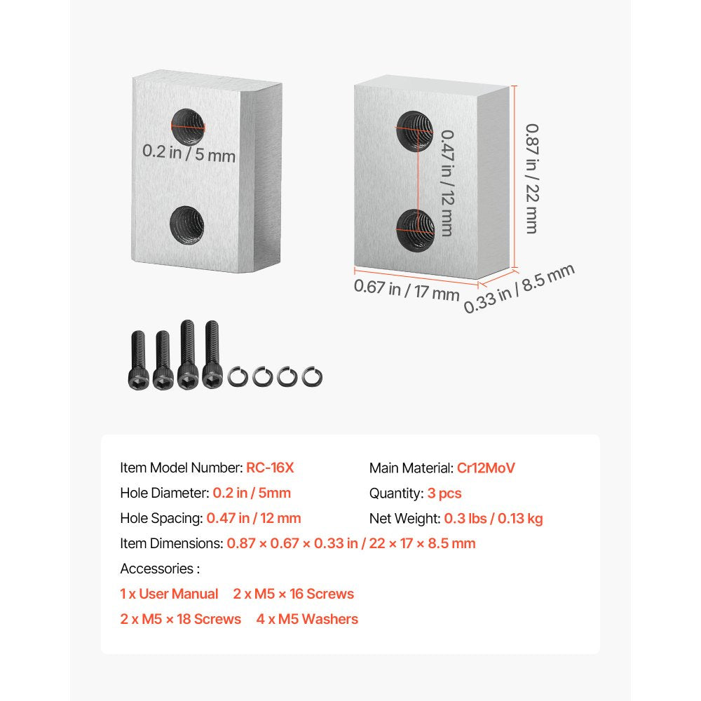 VEVOR Rebar Cutter Blades, 6 Pcs Replacement Jaw Blades for 5/8Inch 16mm #5 Electric Rebar Cutter, Double-sided, CR12MOV High-Hardness Steel, Fast Efficient with Screws and Spring Washer, Silver