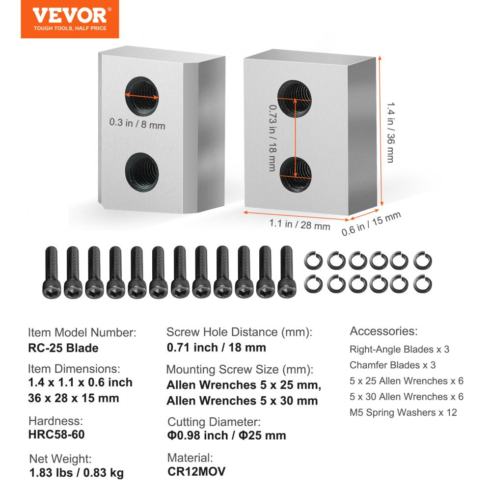 VEVOR Electric Rebar Cutter Blade, 6 PCS 25mm(1 inch) Cutting Diameter, HRC58-60 Hard Hydraulic Rebar Blade Replacement Jaw Blades with 12 Hexagon Screw and 12 Spring Washer, for Model RC-25
