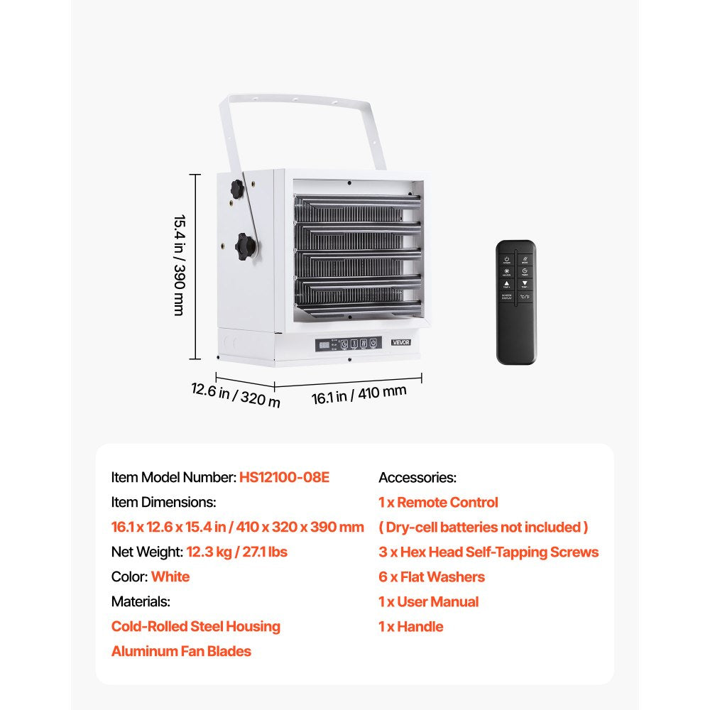 VEVOR Electric Garage Heater, 10000-Watt with Remote Control & 10 Hour Timer & Overheat Protection Wall/Ceiling Mounted Shop Heater, Commercial Fan-forced for Indoor Workshop Warehouse,240V White