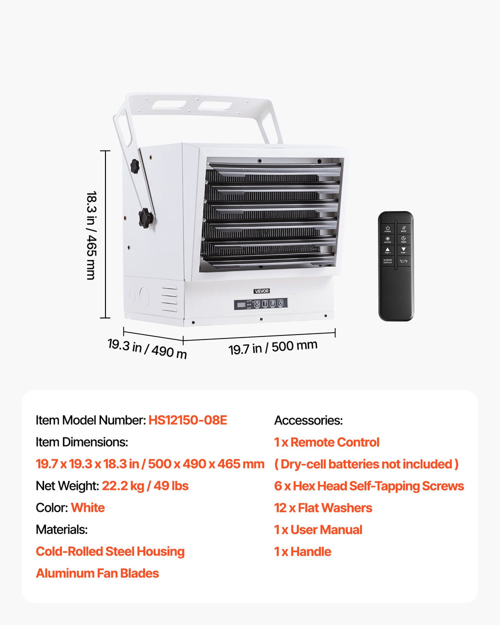 VEVOR Electric Garage Heater, 15000-Watt with Remote Control & 10 Hour Timer & Overheat Protection Wall/Ceiling Mounted Shop Heater, Commercial Fan-forced for Indoor Workshop Warehouse,240V White