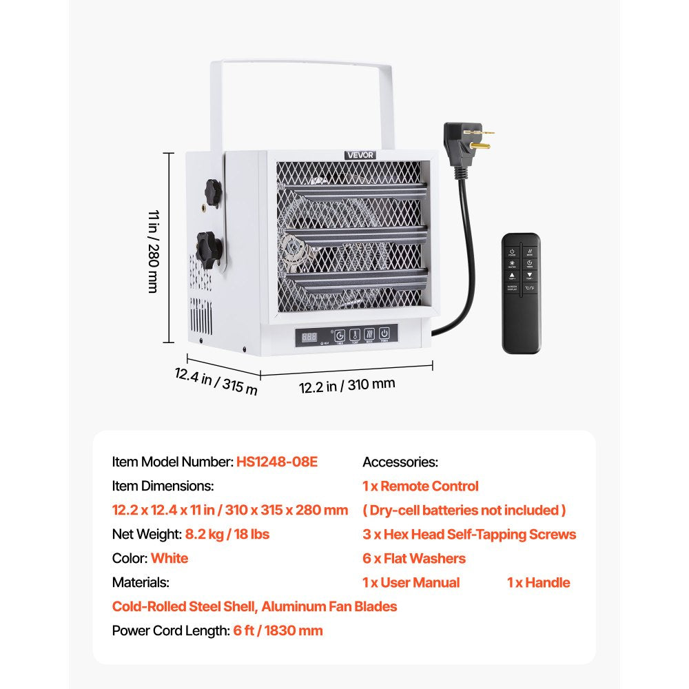 VEVOR Electric Garage Heater, 4800-Watt with Remote Control & 10 Hour Timer & Overheat Protection Wall/Ceiling Mounted Shop Heater, Commercial Fan-forced for Indoor Workshop  Warehouse,240V White