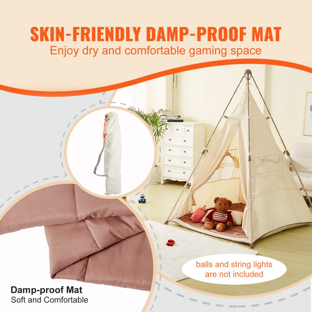 VEVOR Kids Play Tent, Teepee Tent for Kids 1-5 Years Old, Tent for Kids with Windows for Indoor and Outdoor, Foldable Toddler Tent with Mat and Carrying Bag, Kids Tent for Boys and Girls, Beige