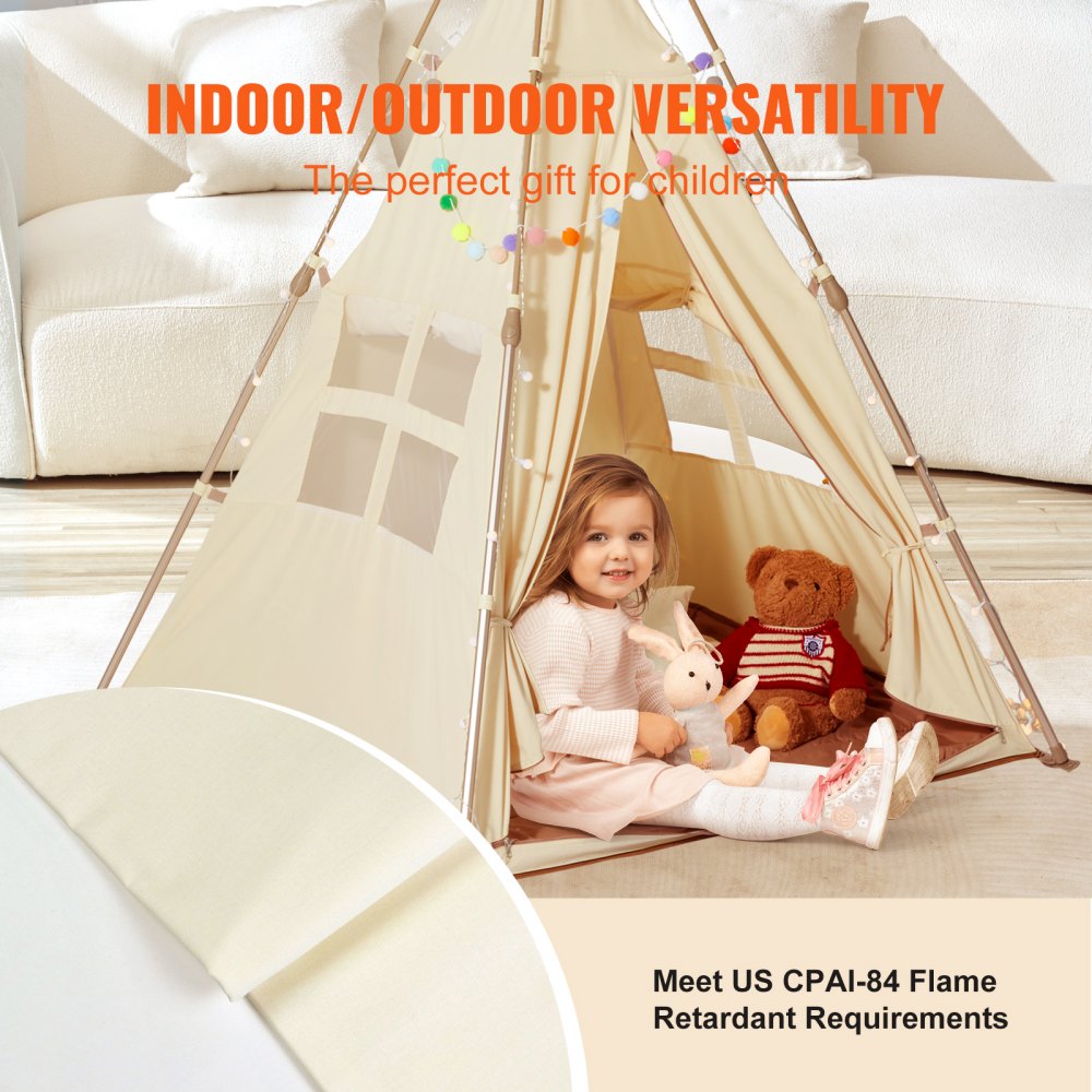 VEVOR Kids Play Tent, Teepee Tent for Kids 1-5 Years Old, Tent for Kids with Windows for Indoor and Outdoor, Foldable Toddler Tent with Mat and Carrying Bag, Kids Tent for Boys and Girls, Beige