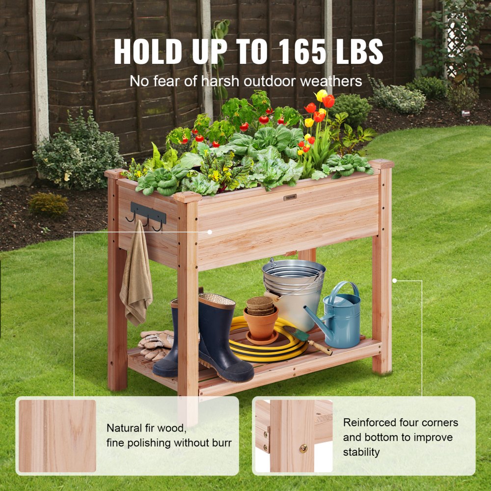 VEVOR Raised Garden Bed, 34 x 18 x 30 in Wooden Planter Box, Elevated Outdoor Planting Boxes with Legs, for Growing Flowers/Vegetables/Herbs in Backyard/Garden/Patio/Balcony, Burlywood