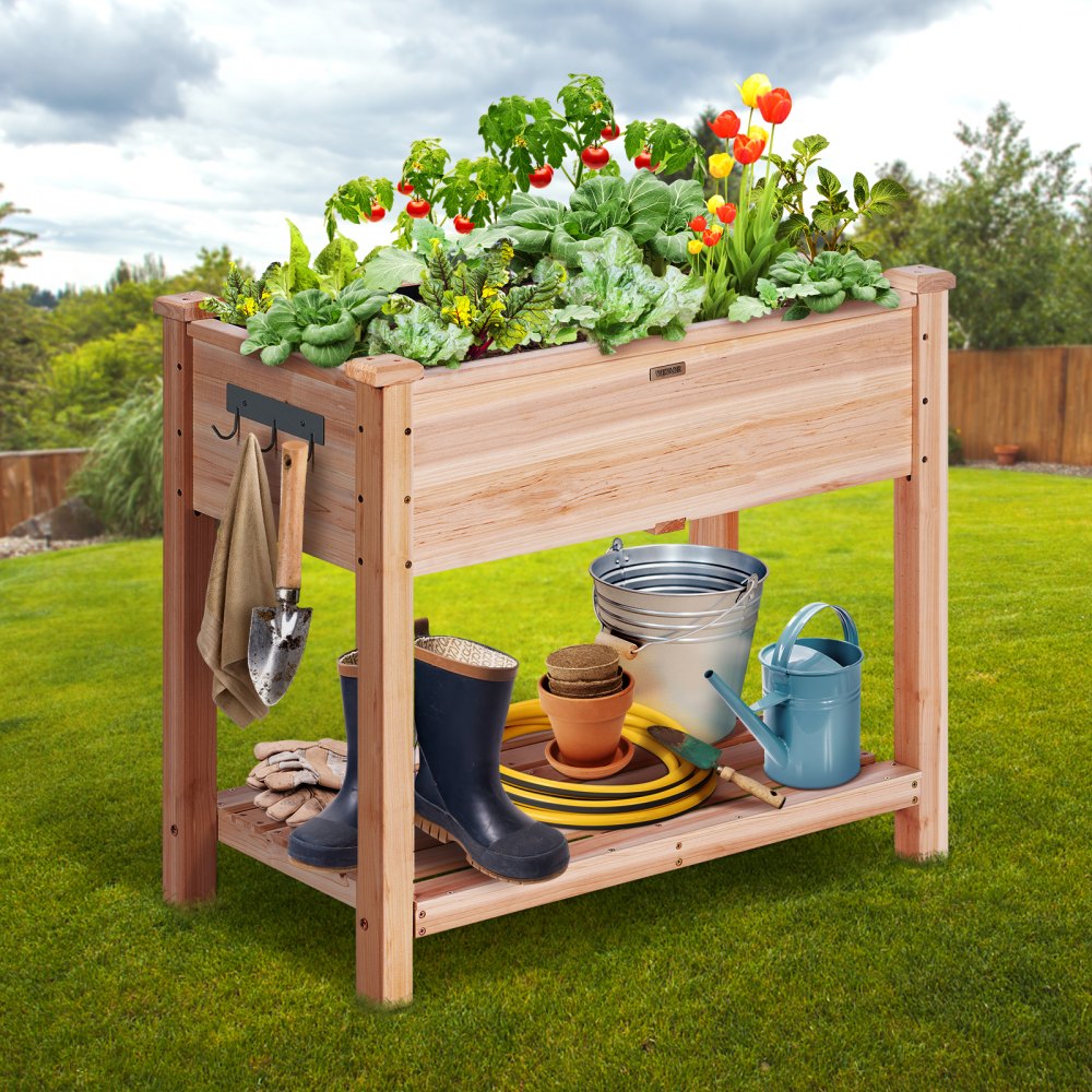 VEVOR Raised Garden Bed, 34 x 18 x 30 in Wooden Planter Box, Elevated Outdoor Planting Boxes with Legs, for Growing Flowers/Vegetables/Herbs in Backyard/Garden/Patio/Balcony, Burlywood