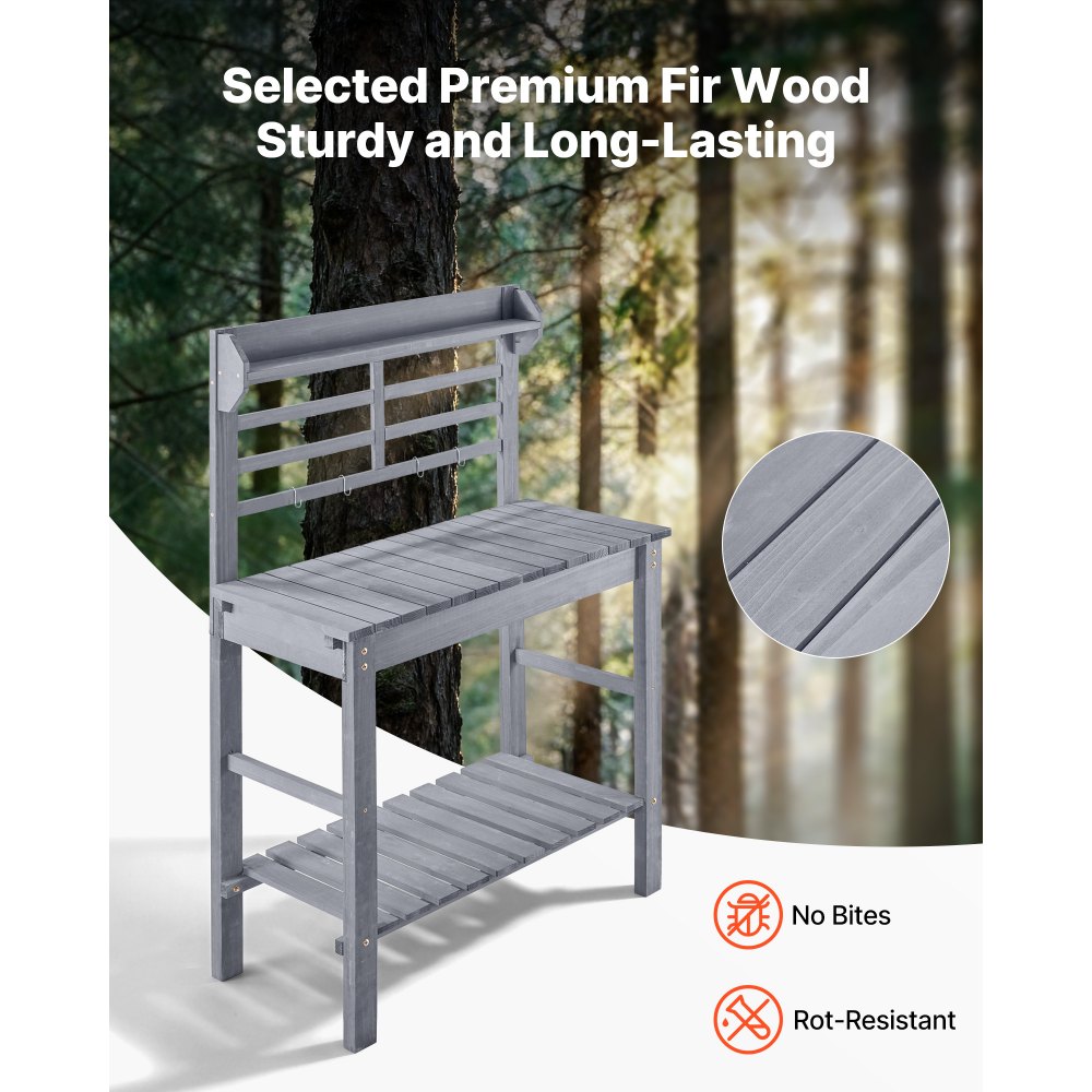 VEVOR Potting Bench Table, Outdoor Gardening Workstation with Sink, 37-55in Adjustable Wood Tabletop, Garden Work Station with Storage Shelves, Hooks for Patio, Backyard, Classic Grey