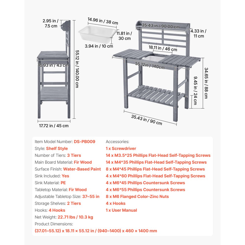 VEVOR Potting Bench Table, Outdoor Gardening Workstation with Sink, 37-55in Adjustable Wood Tabletop, Garden Work Station with Storage Shelves, Hooks for Patio, Backyard, Classic Grey