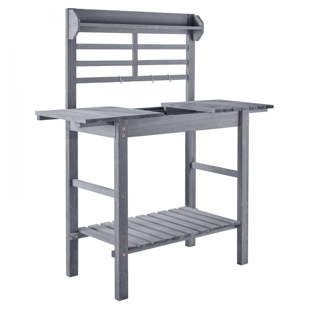 VEVOR Potting Bench Table, Outdoor Gardening Workstation with Sink, 37-55in Adjustable Wood Tabletop, Garden Work Station with Storage Shelves, Hooks for Patio, Backyard, Classic Grey