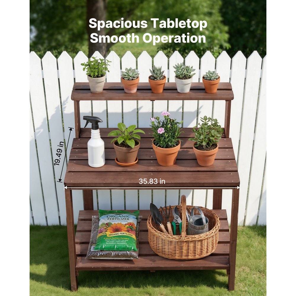 VEVOR Potting Bench Table, Outdoor Gardening Workstation with 36 x 20 in Wood Tabletop, Garden Planting Work Station with Storage Shelves, Hook for Outside Patio, Backyard, Brown