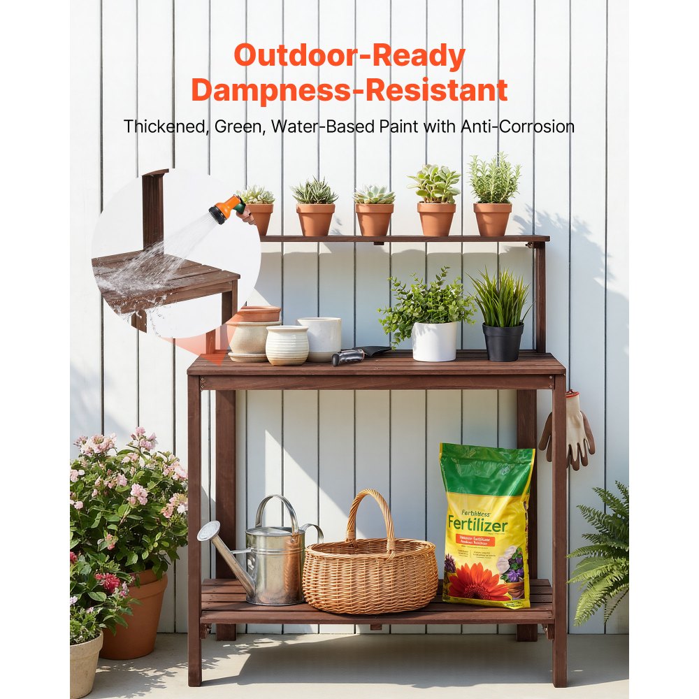 VEVOR Potting Bench Table, Outdoor Gardening Workstation with 36 x 20 in Wood Tabletop, Garden Planting Work Station with Storage Shelves, Hook for Outside Patio, Backyard, Brown