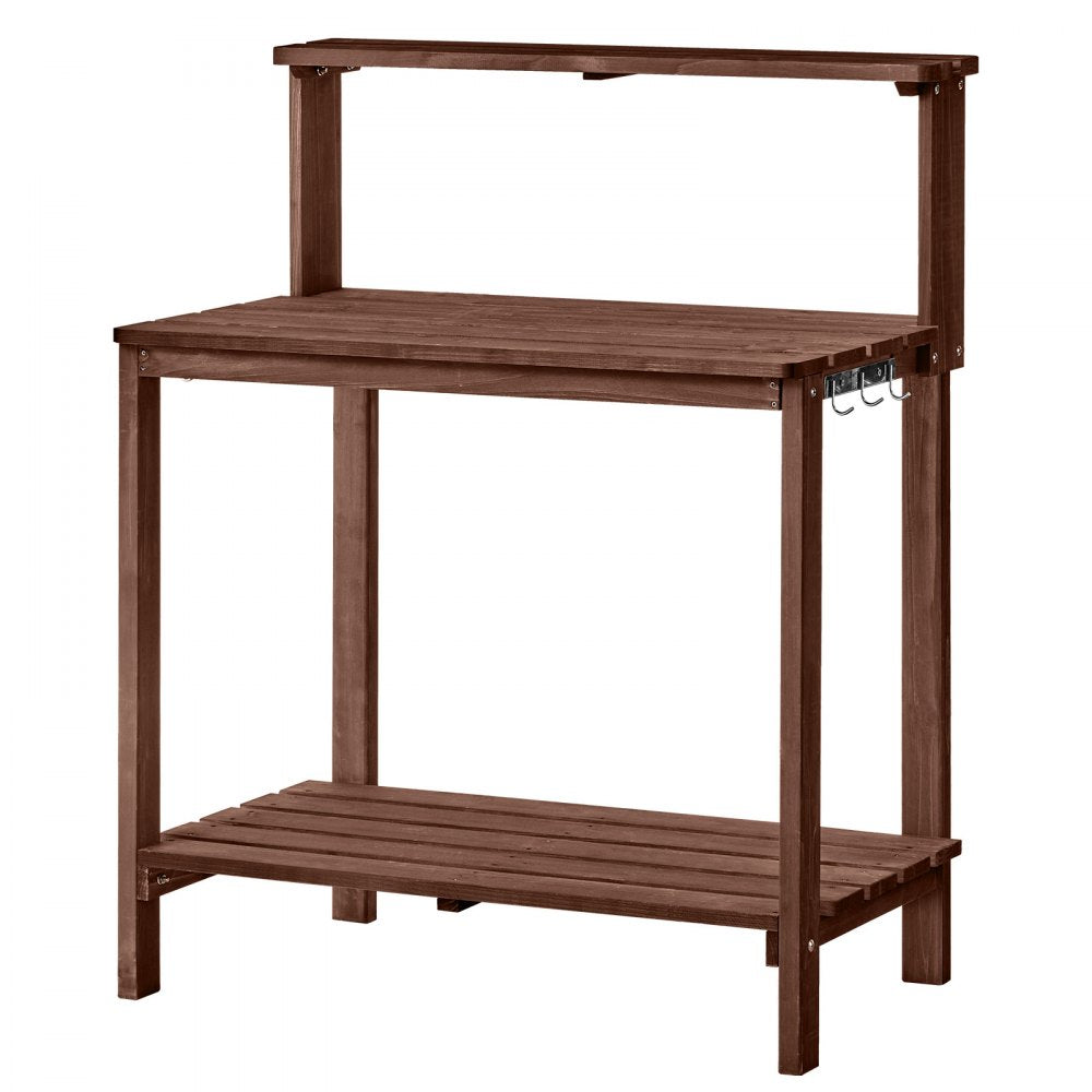 VEVOR Potting Bench Table, Outdoor Gardening Workstation with 36 x 20 in Wood Tabletop, Garden Planting Work Station with Storage Shelves, Hook for Outside Patio, Backyard, Brown