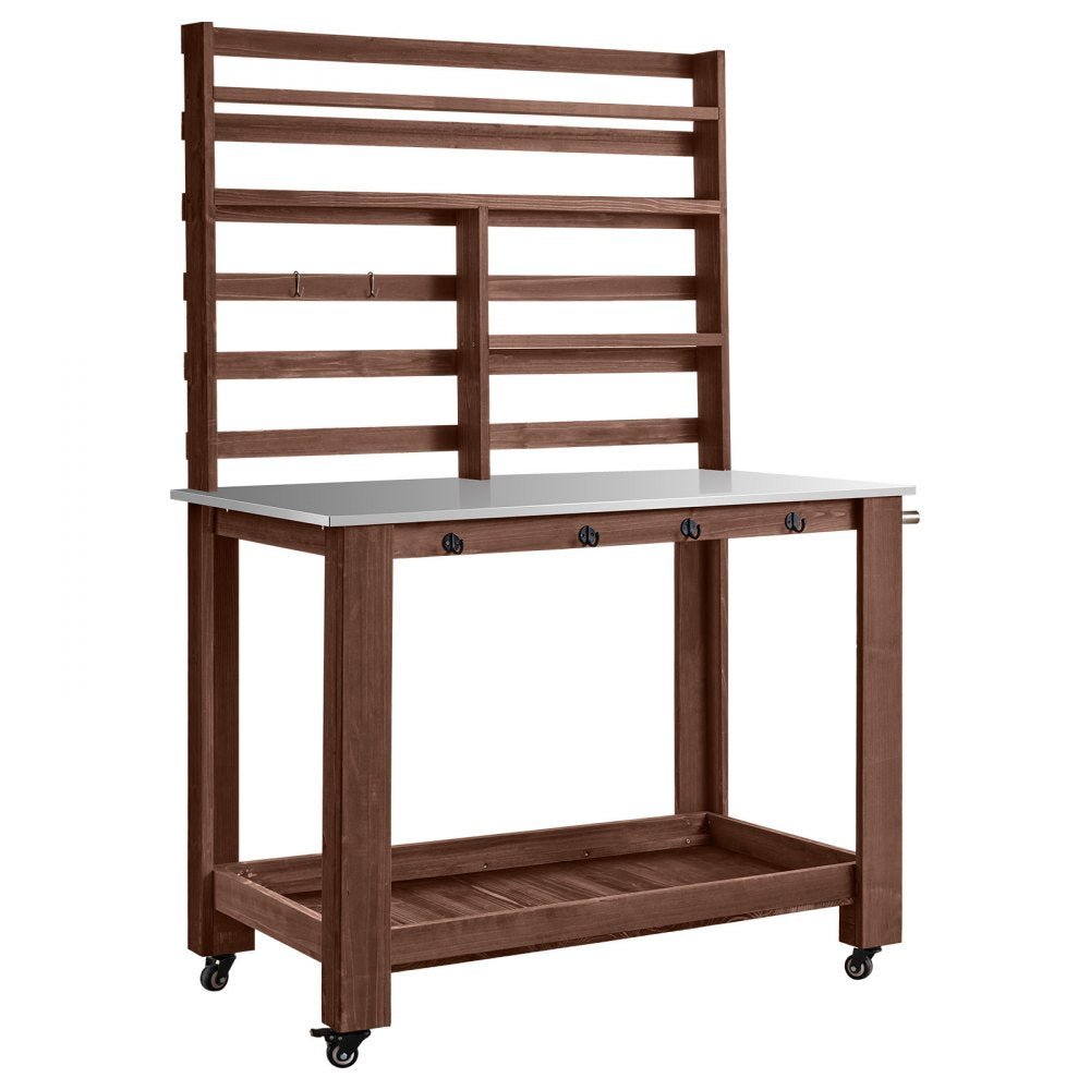 VEVOR Potting Bench Table, Outdoor Gardening Workstation with 45 x 26 in Stainless Steel Tabletop, Storage Shelves, 4 Casters, Hooks, Garden Planting Work Station for Outside Patio, Backyard, Brown