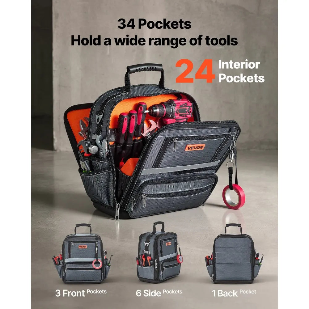 VEVOR Tool Bag, 13.2 Inch, 34-Pocket Portable Large Tool Box Organizer Storage, Carry Toolbox with Hard Plastic Base, Large Zipper, Adjustable Shoulder Strap, for Men Women Dad Husband Fathers Day