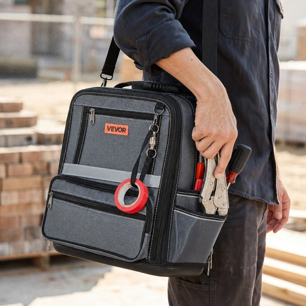 VEVOR Tool Bag, 13.2 Inch, 34-Pocket Portable Large Tool Box Organizer Storage, Carry Toolbox with Hard Plastic Base, Large Zipper, Adjustable Shoulder Strap, for Men Women Dad Husband Fathers Day
