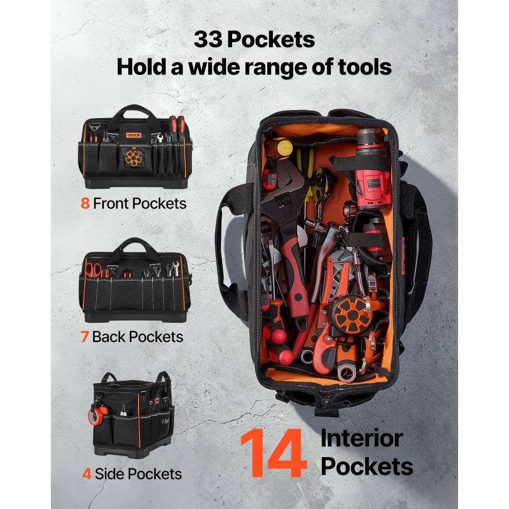 VEVOR Tool Bag, 16.1 Inch, 33-Pocket Portable Large Tool Box Organizer Storage, Toolbox with Water-Resistant Base, Zipper, Adjustable Shoulder Strap Toolbag, for Men Women Dad Husband Fathers Day