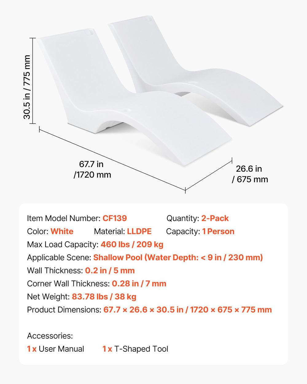 VEVOR CF139 pool lounge chairs dimensions and specs (67.7 x 26.6 x 30.5 in), 2-pack, white, LLDPE
