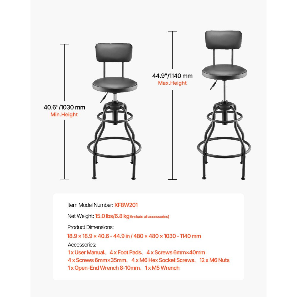 VEVOR Shop Stool with Backrest, Pneumatic Garage Seat/Work Stool with 300 lbs Capacity, Adjustable Height Roller Creeper Seat, 360° Swivel Padded Workshop Stool, for Garage, Shop & Auto Repair, Black