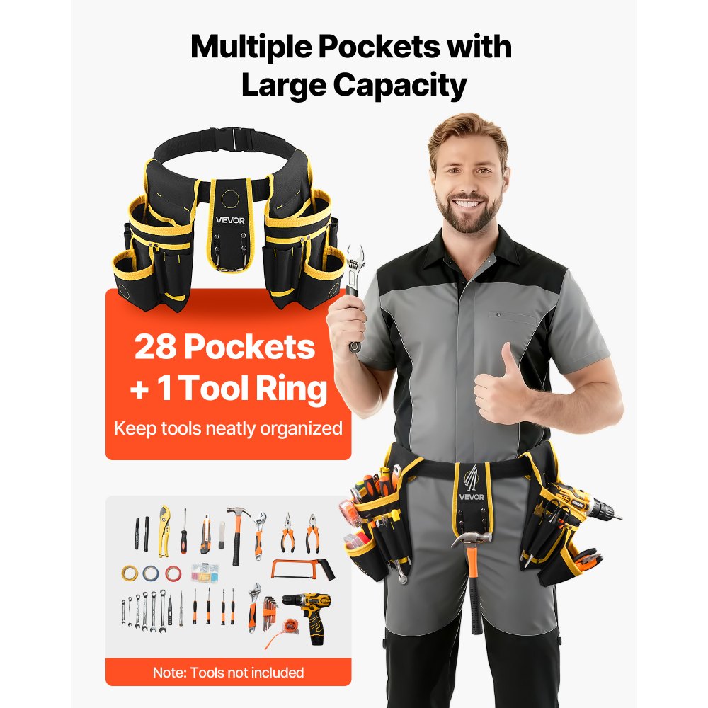 VEVOR Tool Belt, Magnetic Tool Pouch for Men, 28 Pockets Heavy Duty Adjustable Utility Belt Detachable Work Bag for Electrician, Carpenter, Construction, Work Apron Organizer, Waist Adjust 31 to 48in