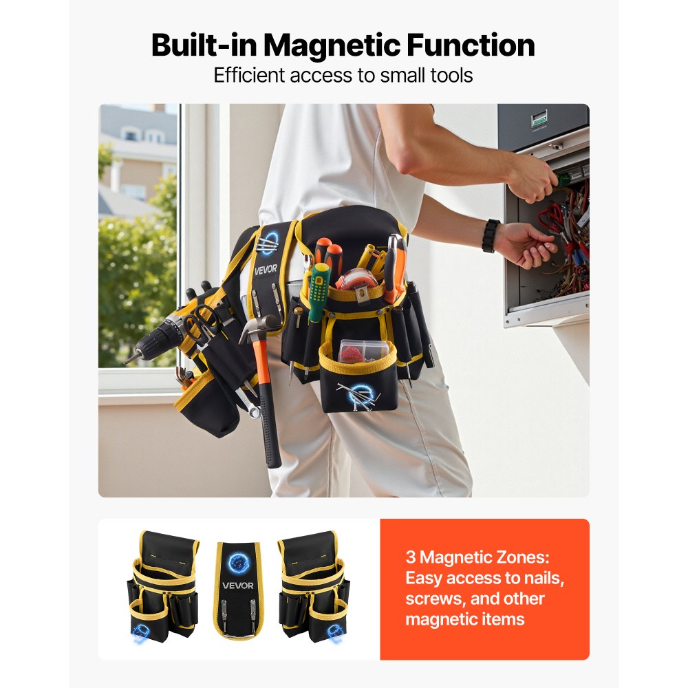 VEVOR Tool Belt, Magnetic Tool Pouch for Men, 28 Pockets Heavy Duty Adjustable Utility Belt Detachable Work Bag for Electrician, Carpenter, Construction, Work Apron Organizer, Waist Adjust 31 to 48in