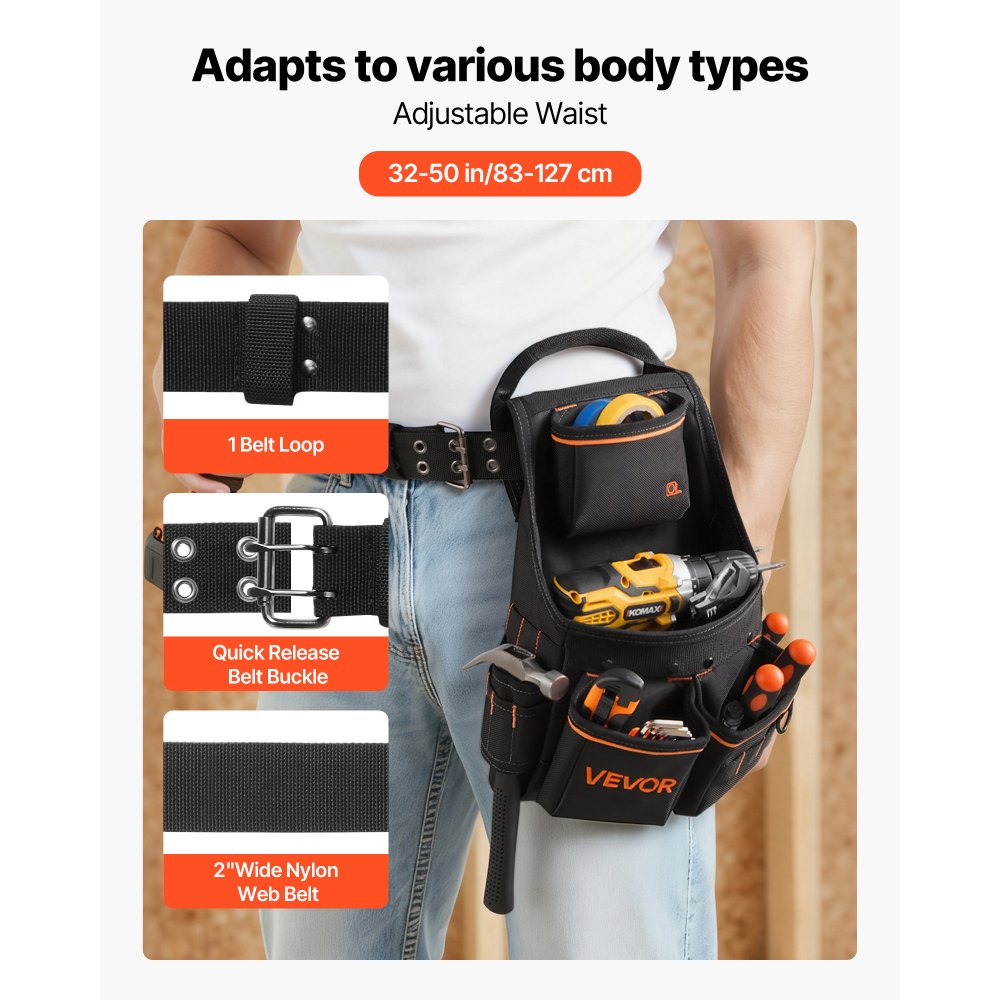 VEVOR Tool Pouch with Belt, 14 Pockets Professional Tool Belt Pouch for Men, Heavy Duty Detachable Adjustable Utility Work Bag for Electrician, Carpenter, Construction, Adjusts Waist 32 to 50 Inches