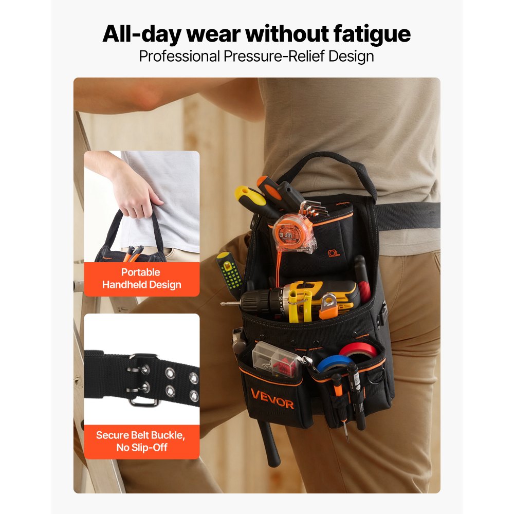 VEVOR Tool Pouch with Belt, 14 Pockets Professional Tool Belt Pouch for Men, Heavy Duty Detachable Adjustable Utility Work Bag for Electrician, Carpenter, Construction, Adjusts Waist 32 to 50 Inches