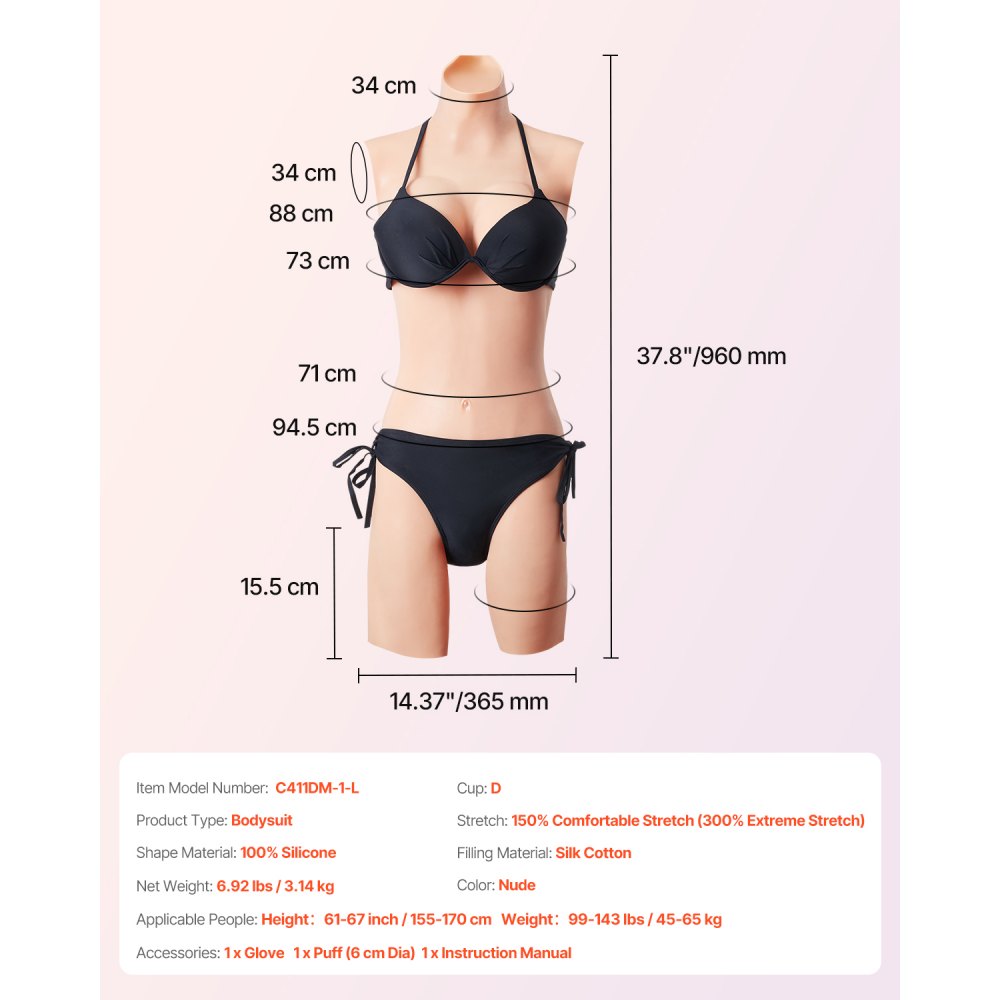 VEVOR Silicone Bodysuit, D-Cup Silicone Breastplate for Crossdressers, Realistic Silk Cotton-Filled Fake Boobs Breast Forms for Transgender Cosplay Drag Queen, Nude
