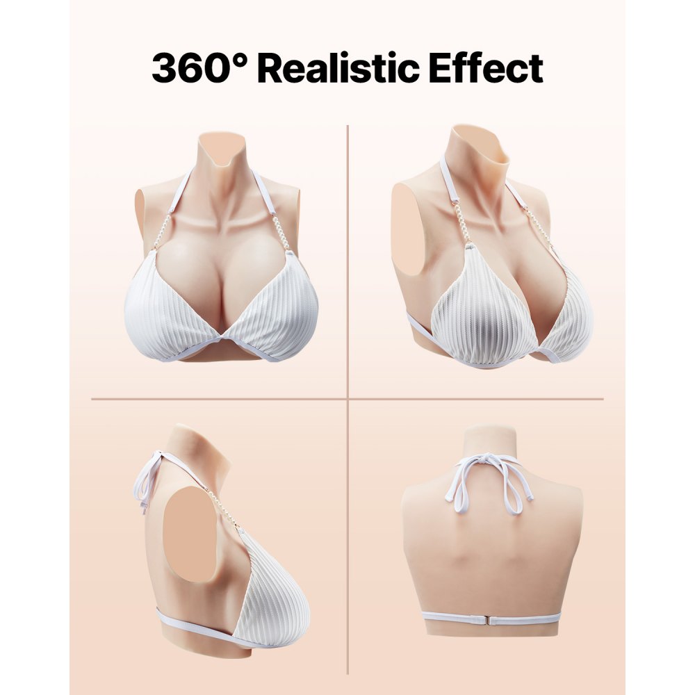 VEVOR Silicone Breastplate, H-Cup High Neckline Fake Breasts for Crossdressers, Realistic Silicone-Filled Fake Boobs Breast Forms for Transgender Cosplay Drag Queen, Ivory