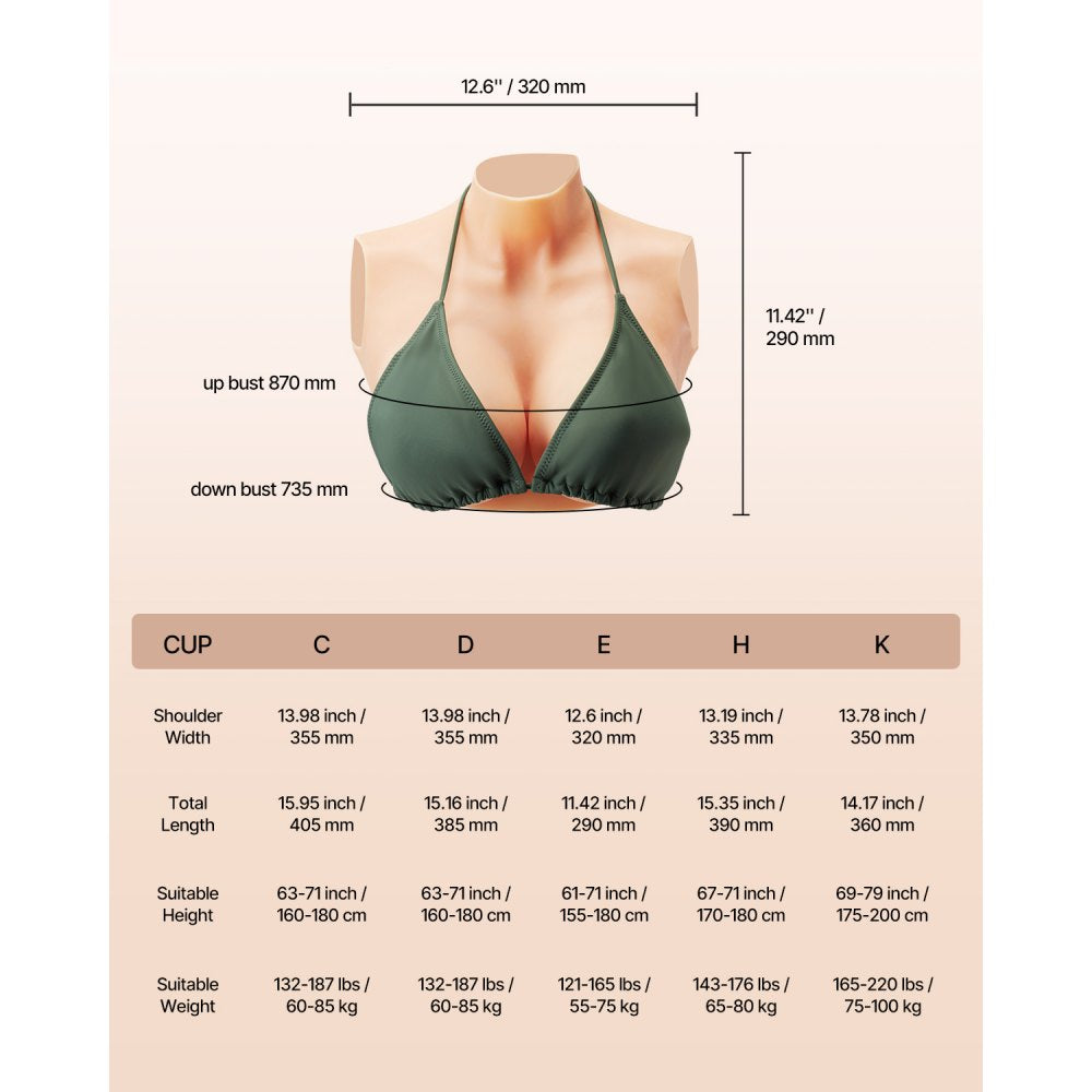VEVOR Silicone Breastplate, E-Cup High Neckline Fake Breasts for Crossdressers, Realistic Silicone-Filled Fake Boobs Breast Forms for Transgender Cosplay Drag Queen, Ivory
