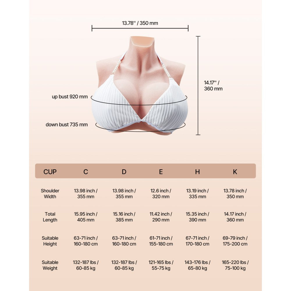 VEVOR Silicone Breastplate, K Sized High Neckline Fake Breasts for Crossdressers, Realistic Silicone-Filled Fake Boobs Breast Forms for Transgender Cosplay Drag Queen, Ivory
