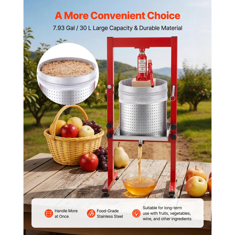 VEVOR Hydraulic Fruit Wine Press, 7.93Gal/30L, Stainless Steel Heavy Duty Manual Juice Maker, Cider Apple Grape Vegetable Crusher, Cheese/Tincture/Herbal Press, with 2 Filter Bags, for Kitchen Home