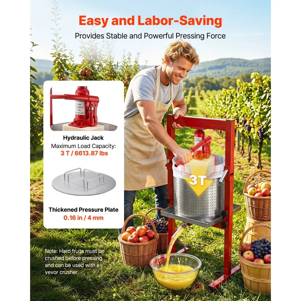 VEVOR Hydraulic Fruit Wine Press, 7.93Gal/30L, Stainless Steel Heavy Duty Manual Juice Maker, Cider Apple Grape Vegetable Crusher, Cheese/Tincture/Herbal Press, with 2 Filter Bags, for Kitchen Home
