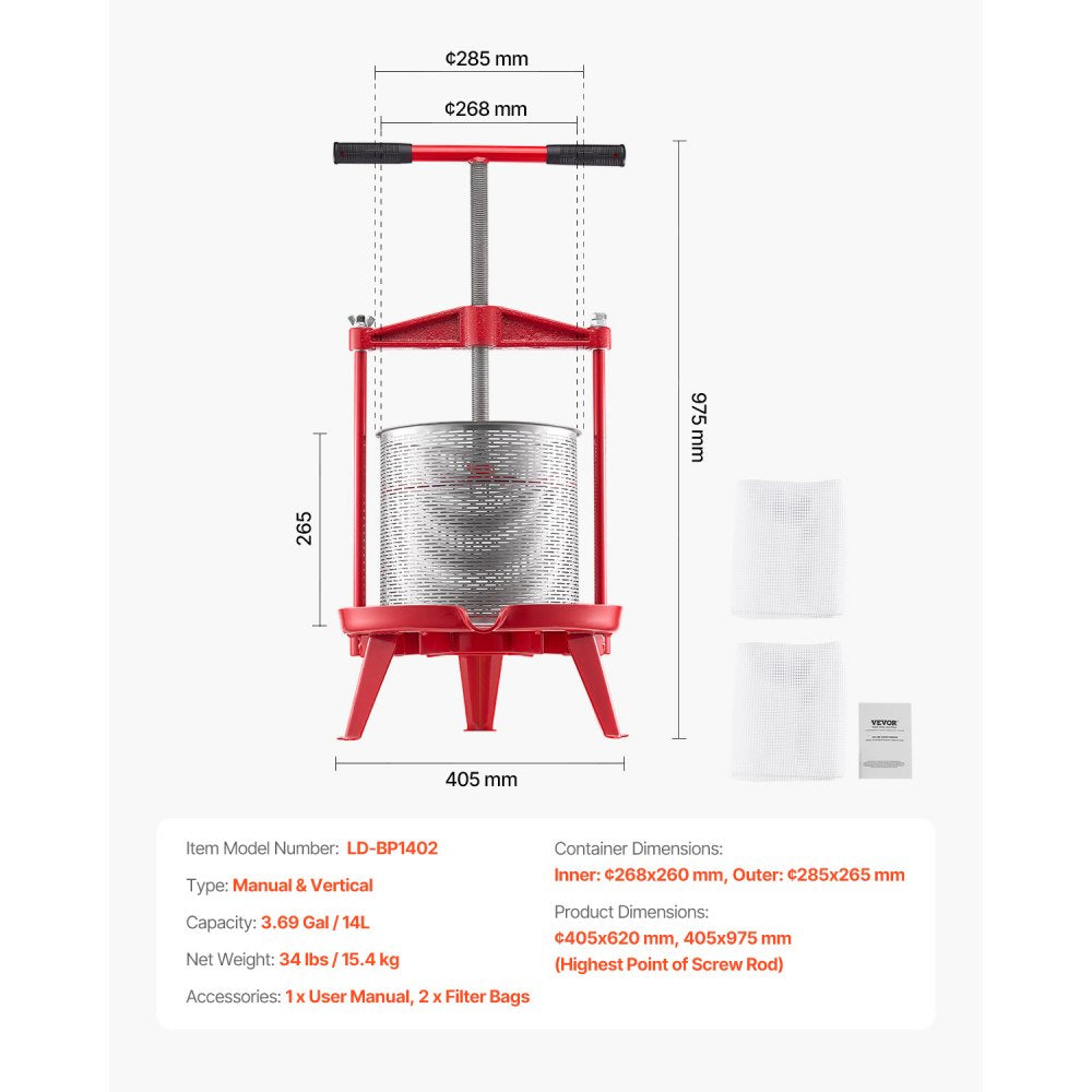 VEVOR 3.69 Gal/14L Fruit Wine Press, Stainless Steel Basket with Cross-beam and Triangular Structure, Manual Juice Maker, Cider Apple Grape Tincture Making Press with T-Handle for Kitchen Home