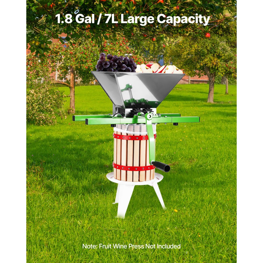 VEVOR 1.8 Gal/7L Fruit and Apple Crusher, Large Manual Grinder, Stainless Steel Fruit Scratter Pulper for Wine Cider Apple Grape Pressing, with Roller Handle for Kitchen Home, Green