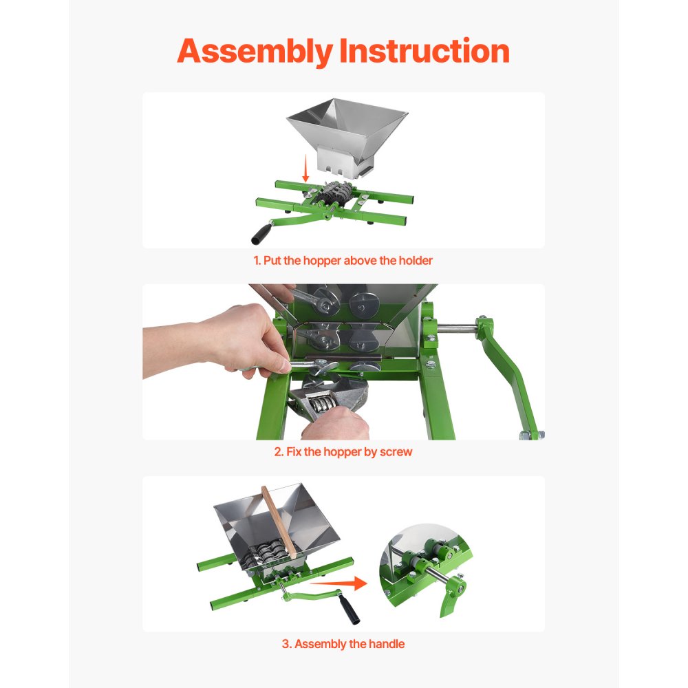 VEVOR 1.8 Gal/7L Fruit and Apple Crusher, Large Manual Grinder, Stainless Steel Fruit Scratter Pulper for Wine Cider Apple Grape Pressing, with Roller Handle for Kitchen Home, Green