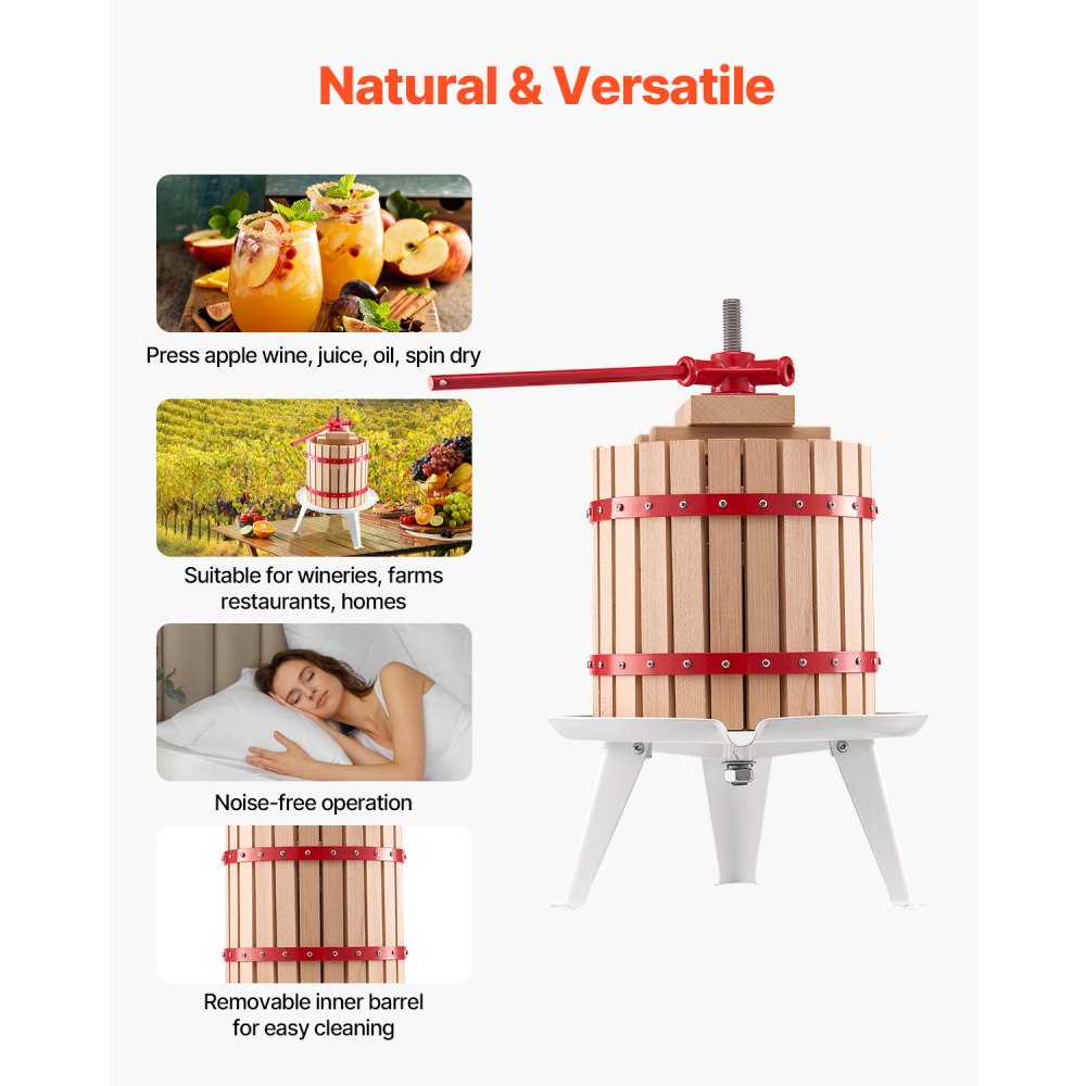 VEVOR 3.2 Gal/12L Fruit Wine Press, Solid Wood Basket with 8 Blocks, Heavy Duty Manual Juice Maker, Cider Apple Grape Tincture Honey Olive Oil Making Press with Handle for Kitchen, Home
