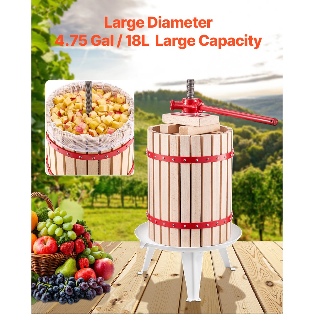 VEVOR 4.75 Gal/18L Fruit Wine Press, Solid Wood Basket with 8 Blocks, Heavy Duty Manual Juice Maker, Cider Apple Grape Tincture Honey Olive Oil Making Press with Handle for Kitchen, Home