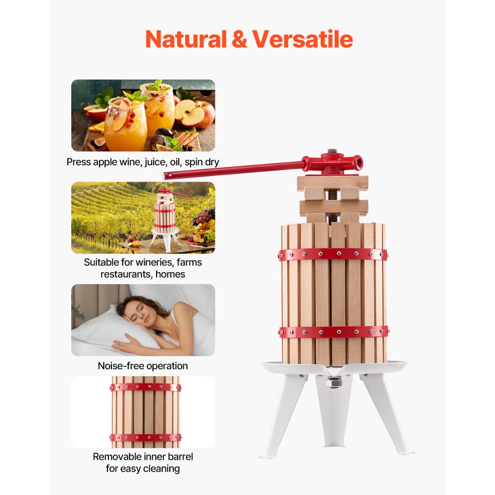 VEVOR 1.6 Gal/6L Fruit Wine Press, Solid Wood Basket with 8 Blocks, Heavy Duty Manual Juice Maker, Cider Apple Grape Tincture Honey Olive Oil Making Press with Handle for Kitchen, Home