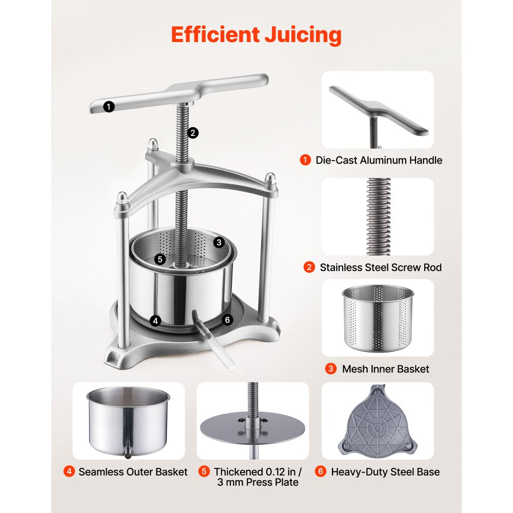 VEVOR Fruit Wine Press, 0.8 Gallon/3L, Stainless Steel Manual Juice Maker with Powerful T-Shaped Handle, Juice Making for Apple/Grape/Orange/Berry, Cheese/Tincture/Herbal Press, for Kitchen Home