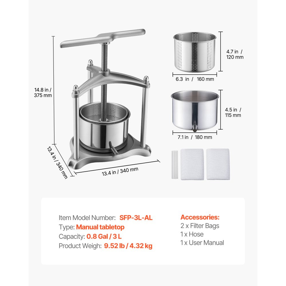 VEVOR Fruit Wine Press, 0.8 Gallon/3L, Stainless Steel Manual Juice Maker with Powerful T-Shaped Handle, Juice Making for Apple/Grape/Orange/Berry, Cheese/Tincture/Herbal Press, for Kitchen Home
