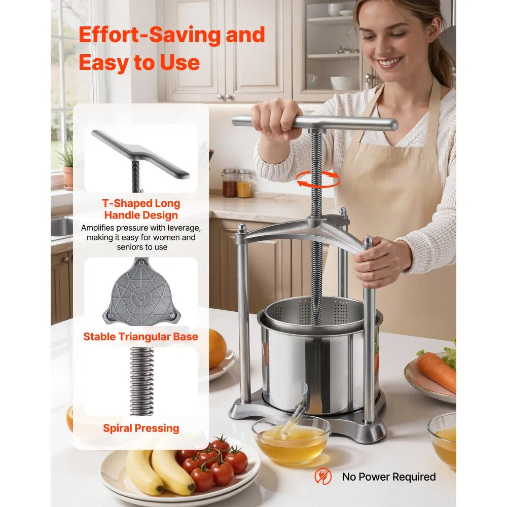 VEVOR Fruit Wine Press, 1.6 Gallon/6L, Stainless Steel Manual Juice Maker with Powerful T-Shaped Handle, Juice Making for Apple/Grape/Orange/Berry, Cheese/Tincture/Herbal Press, for Kitchen Home