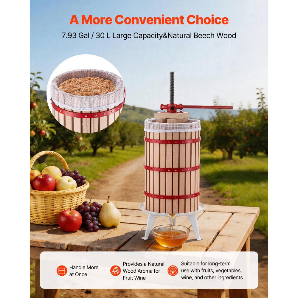 VEVOR Fruit Wine Press, 7.93Gal/30L Manual Juice Maker, Solid Beech Wood Basket, Vintage Traditional Juicer with 6 Press Wooden Blocks, 2 Filter Bags, Heavy Duty Pole Handle Bar for Cider Apple Grape