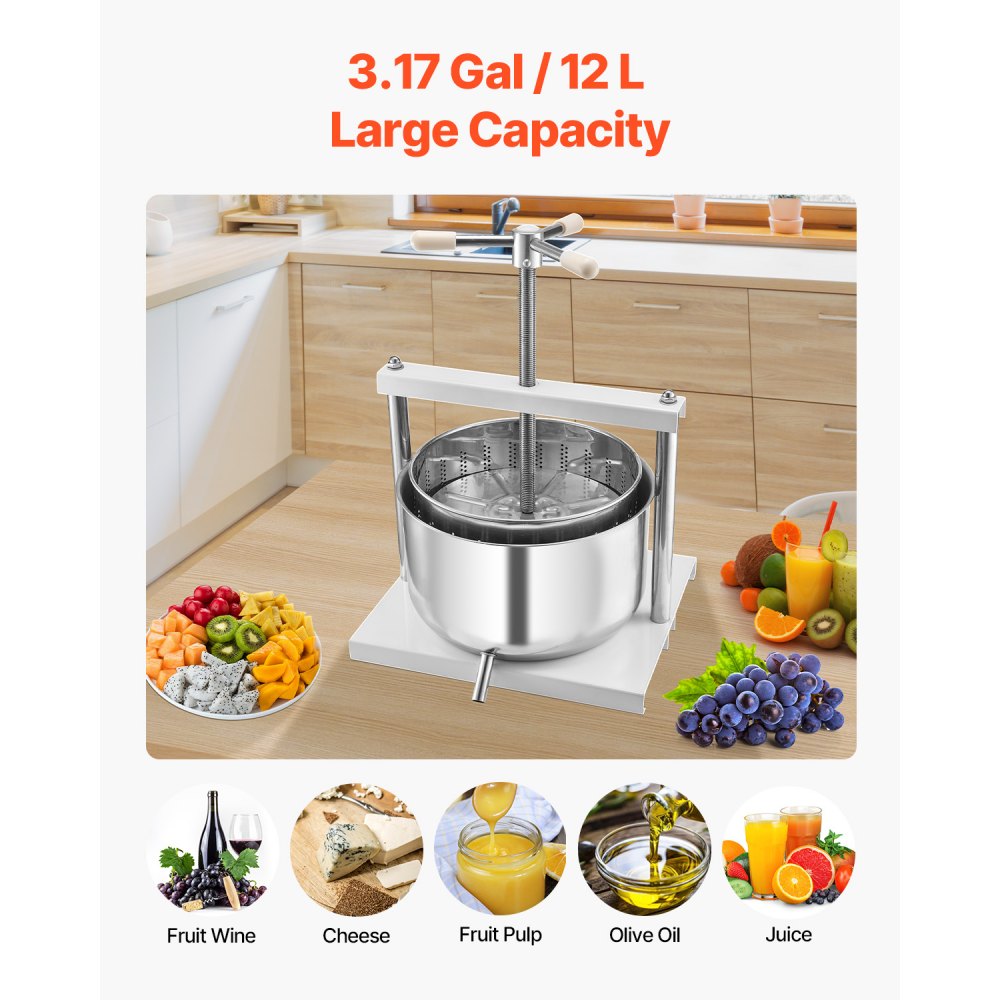 VEVOR 3.17 Gal/12L Fruit Wine Press, 2 Stainless Steel Barrels, Manual Juice Maker, Cider Apple Grape Tincture Honey Olive Oil Making Press with Triangular Handle for Outdoor Kitchen Home