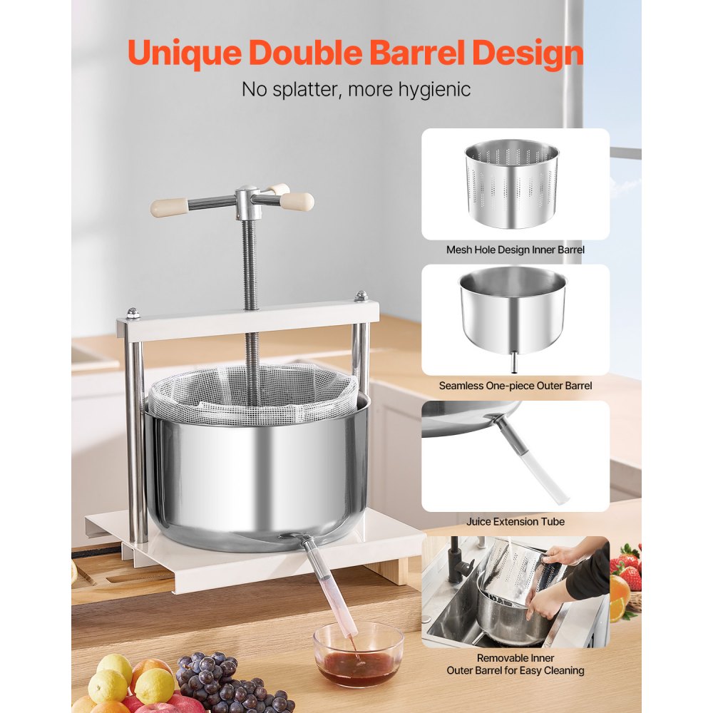 VEVOR 3.17 Gal/12L Fruit Wine Press, 2 Stainless Steel Barrels, Manual Juice Maker, Cider Apple Grape Tincture Honey Olive Oil Making Press with Triangular Handle for Outdoor Kitchen Home
