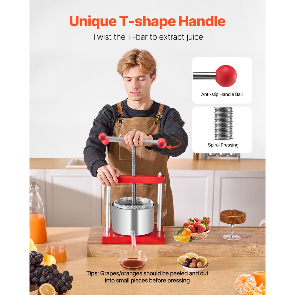 VEVOR 0.8 Gal/3L Fruit Wine Press, 2 Stainless Steel Barrels, Manual Juice Maker, Cider Apple Grape Tincture Honey Olive Oil Making Press with T-Handle for Outdoor Kitchen Home