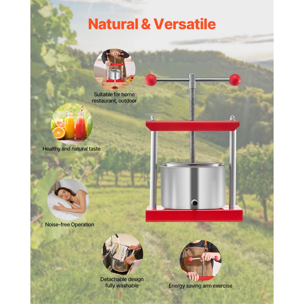 VEVOR 0.8 Gal/3L Fruit Wine Press, 2 Stainless Steel Barrels, Manual Juice Maker, Cider Apple Grape Tincture Honey Olive Oil Making Press with T-Handle for Outdoor Kitchen Home