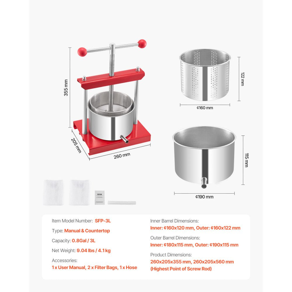 VEVOR 0.8 Gal/3L Fruit Wine Press, 2 Stainless Steel Barrels, Manual Juice Maker, Cider Apple Grape Tincture Honey Olive Oil Making Press with T-Handle for Outdoor Kitchen Home