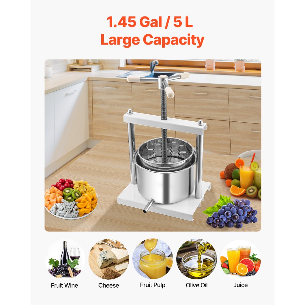 VEVOR 1.45 Gal/5L Fruit Wine Press, 2 Stainless Steel Barrels, Manual Juice Maker, Cider Apple Grape Tincture Honey Olive Oil Making Press with Triangular Handle for Outdoor Kitchen Home