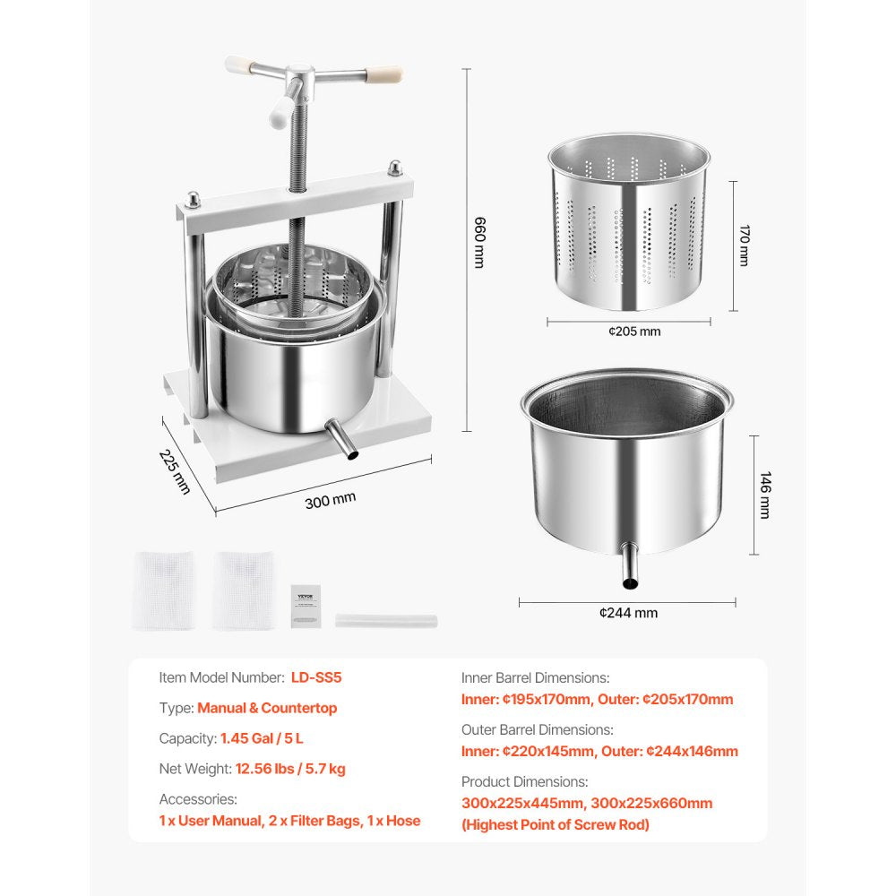 VEVOR 1.45 Gal/5L Fruit Wine Press, 2 Stainless Steel Barrels, Manual Juice Maker, Cider Apple Grape Tincture Honey Olive Oil Making Press with Triangular Handle for Outdoor Kitchen Home