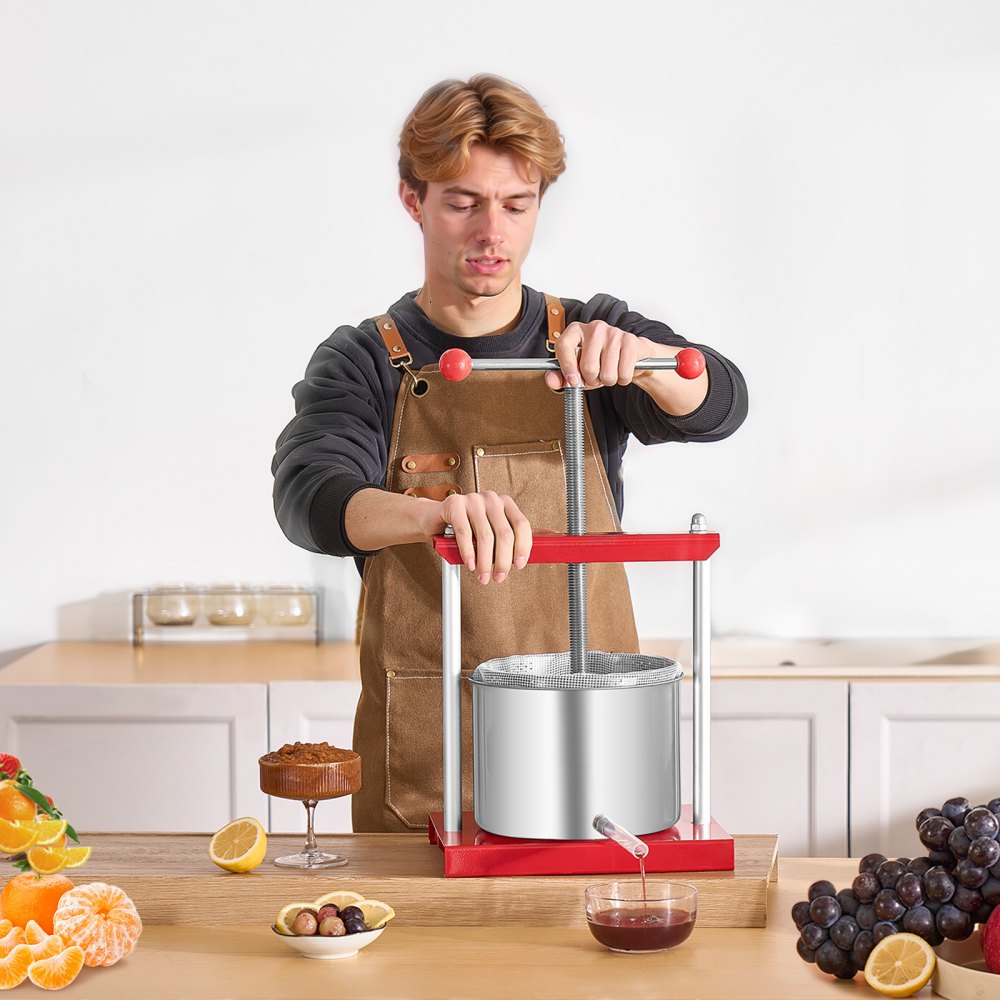 VEVOR 1.6 Gal/6L Fruit Wine Press, 2 Stainless Steel Barrels, Manual Juice Maker, Cider Apple Grape Tincture Honey Olive Oil Making Press with T-Handle for Outdoor Kitchen Home